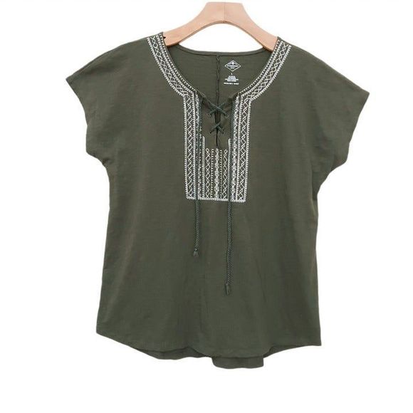 St. John's Bay Tops - St. John's Bay Womens Blouse Large Green Scoop Neck Embroidered Short Sleeve